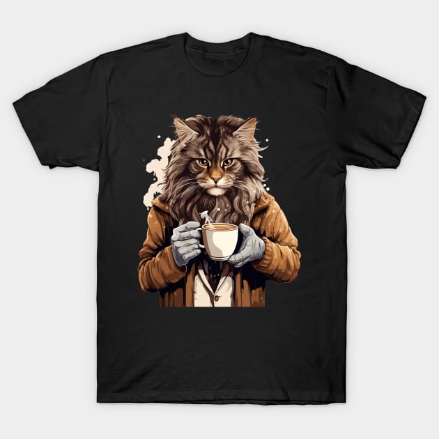 Maine Coon Cat Drinking Coffee T-Shirt by Graceful Designs